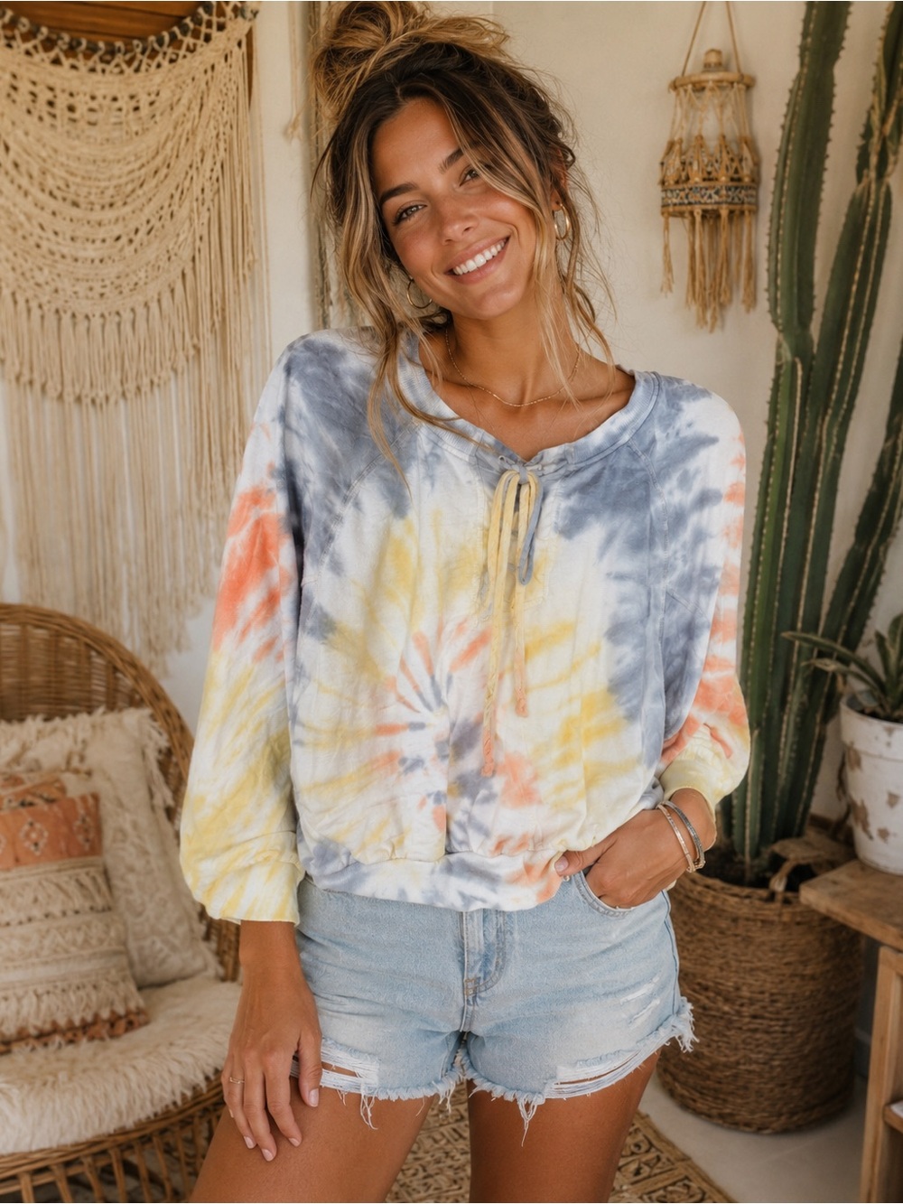 Young Fabulous & Broke Tye-Dye Drawstring Pullover Crewneck ☮️ ☀️